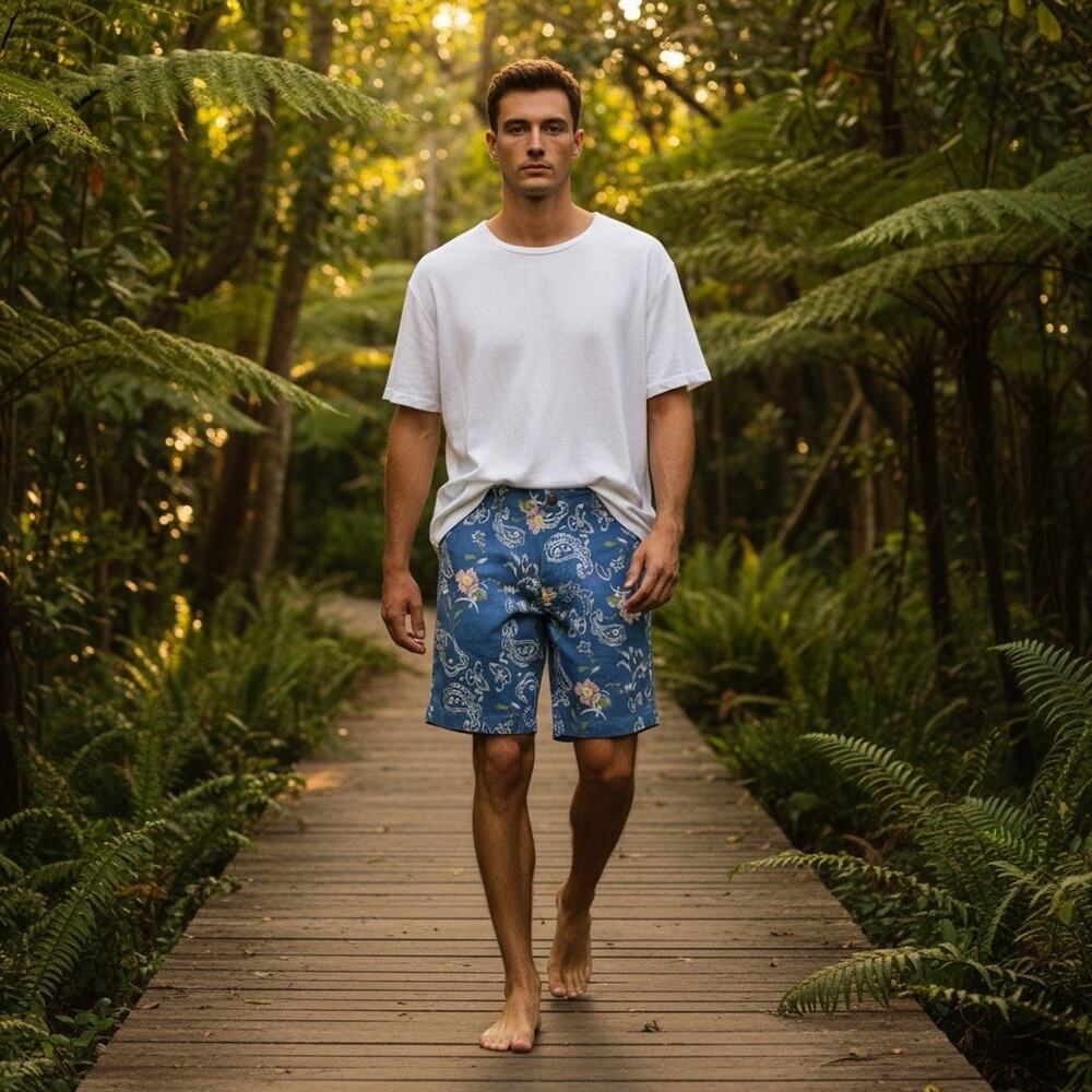 Old Bull Lee Floral Paisley Shorts Men's 38 Blue Print Cotton Bamboo Casual